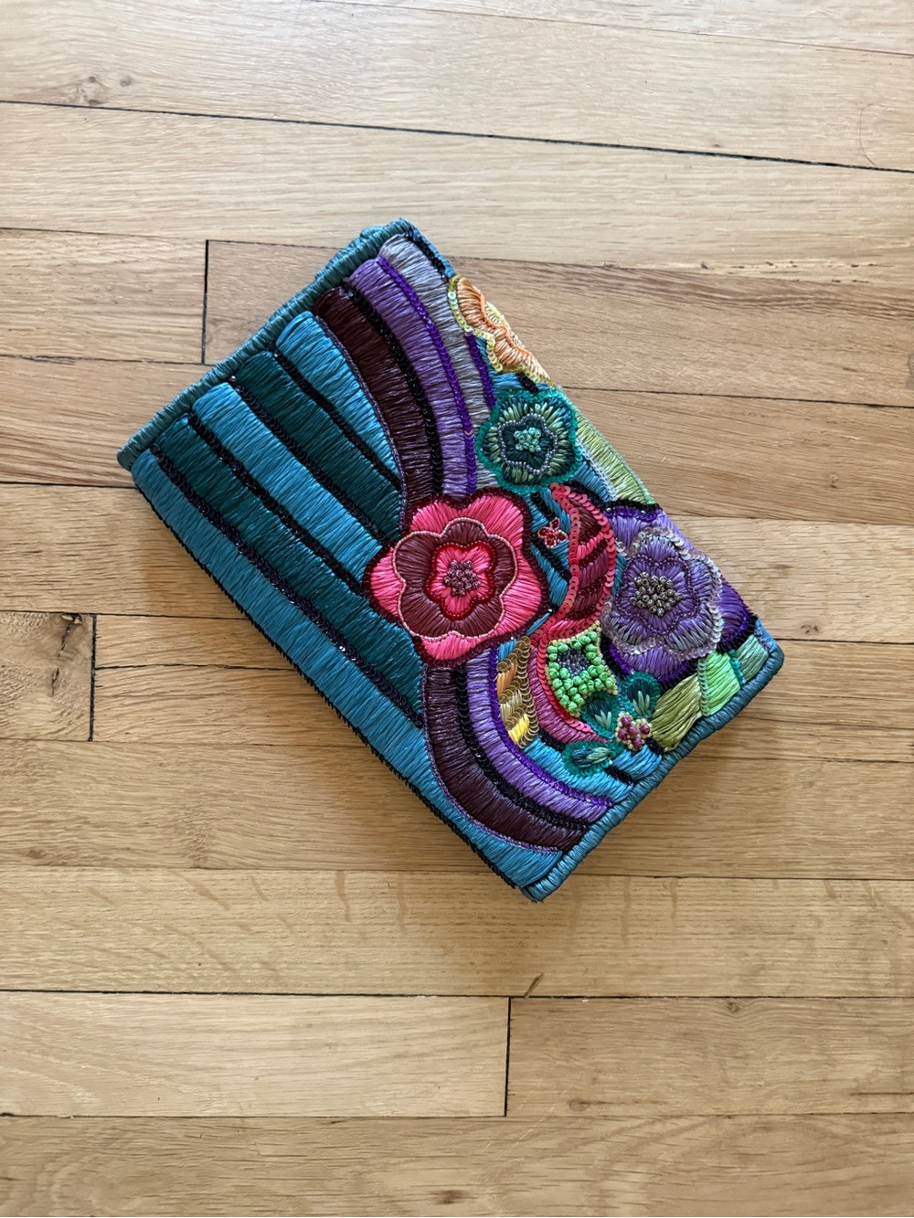 Embroidered Teal & Purple Floral Wristlet Clutch